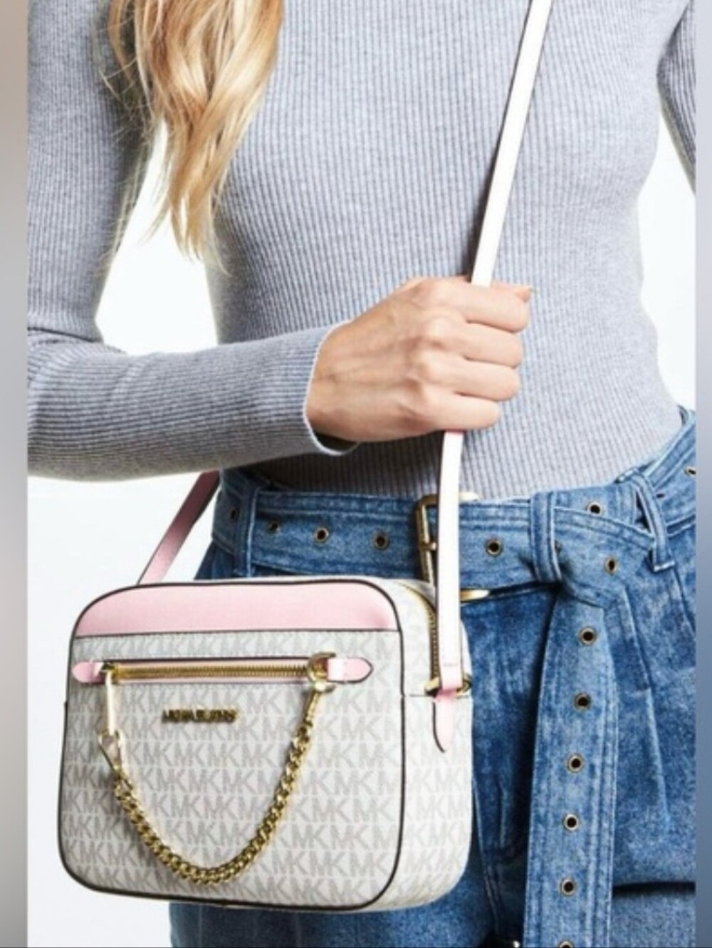 Michael Kors White MK Logo Crossbody with Pink Trim and Gold Hardware
